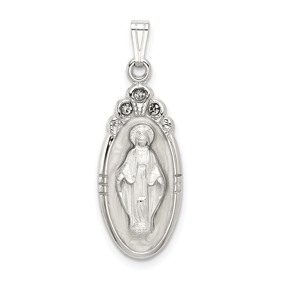 Sterling Silver White Epoxy and Crystal Miraculous Medal Pendant - Picture 1 of 4